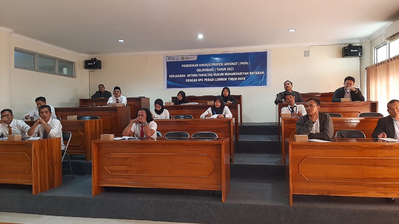 DPC PERADI SAI Lombok Timur Raya bekerjasama dengan FK. Hukum Muhammadiyah Mataram dalam mengadakan Pendidikan Khusus Profesi Advokat (PKPA) Gelombang 1 tahun 2023 yang bertempat di FK. Hukum Muhammadiyah Mataram, Pada tanggal 01 s.d. 16 Juli 2023, dan jumlah peserta yang ikut serta sebanyak 17 orang