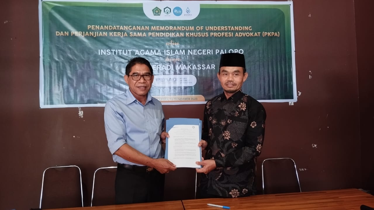 DPC PERADI SAI Makassar telah melakukan penandatanganan MoU kerjasama PKPA dengan (IAIN) Institut Agama Islam Negeri, Palopo yang dilaksanakan pada 14 Desember 2023, di Kampoeng Kuliner Jl. A. P. Pettarani Makassar.