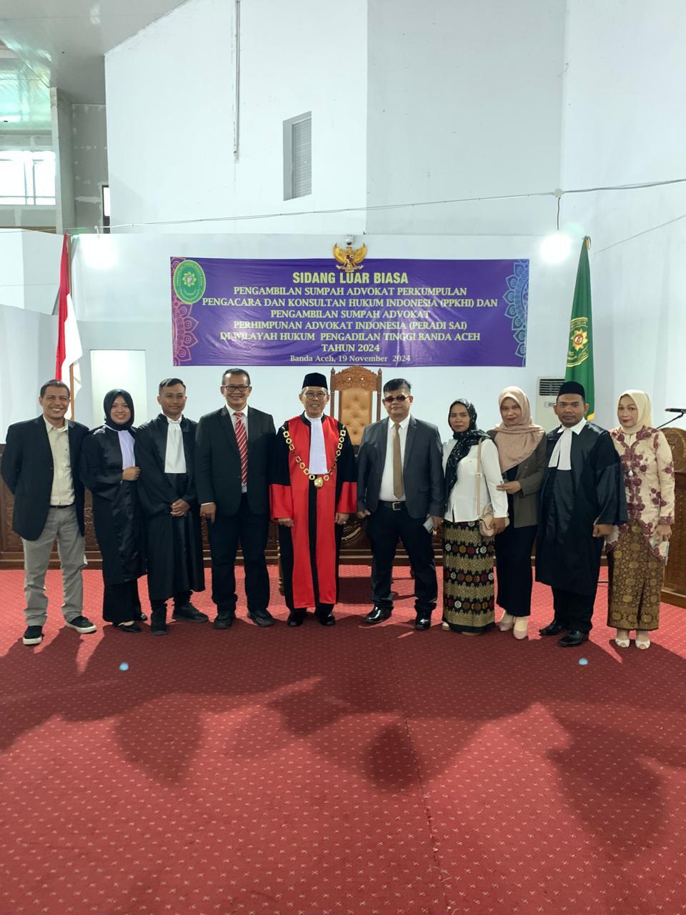 DPC PERADI SAI Aceh telah melaksanakan Pengambilan Sumpah Advokat di Wilayah Hukum Pengadilan Tinggi Banda Aceh, pada tanggal 19 November 2024.