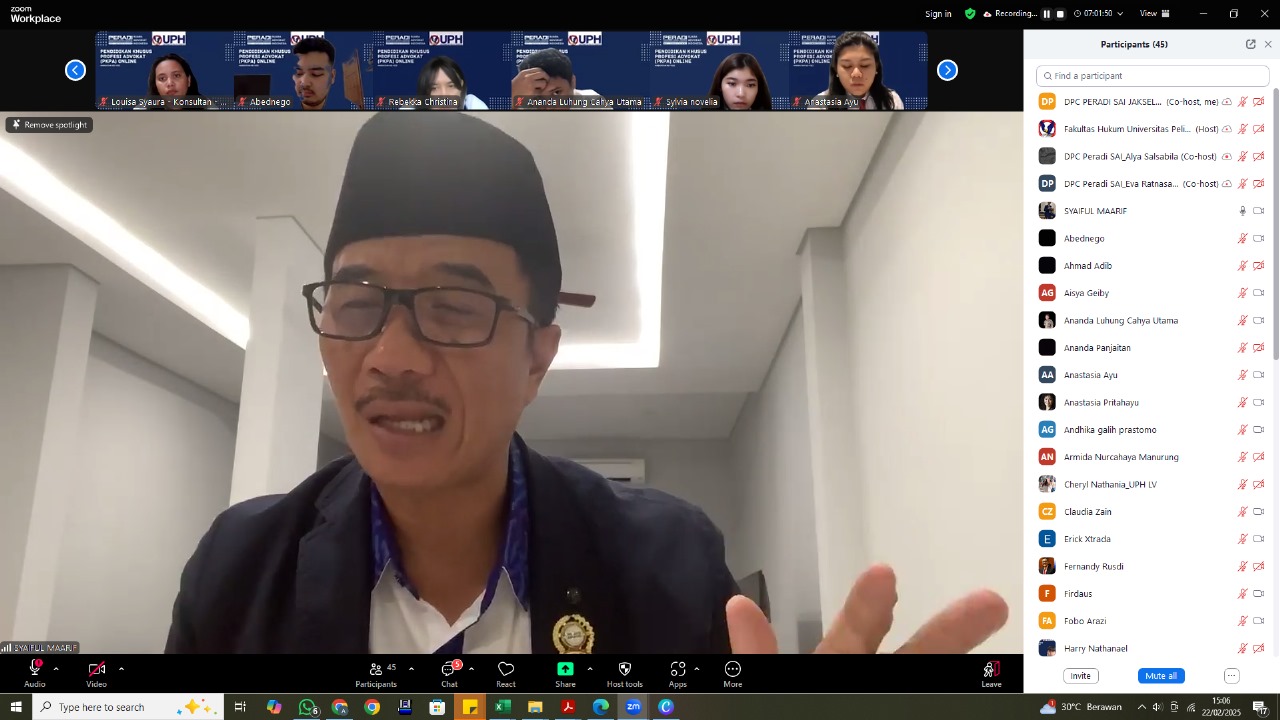 DPC PERADI SAI Jakarta Selatan telah melaksanakan Pendidikan Khusus Profesi Advokat (PKPA) secara Online Angkatan ke VIII, pada 22 Februari sampai dengan 28 Februari 2025 dengan jumlah peserta sebanyak 40 orang.